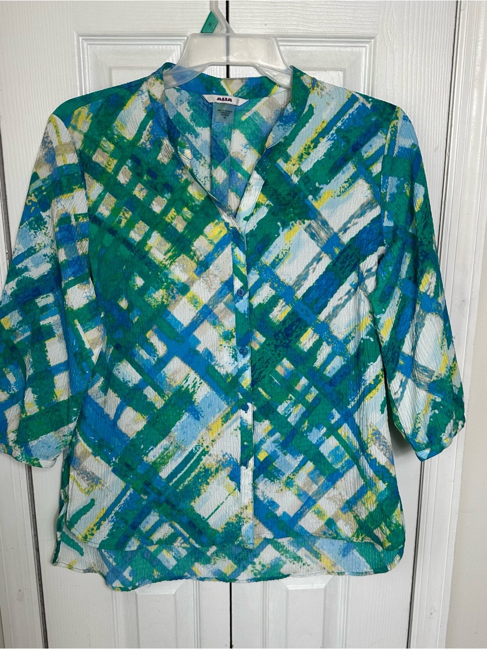 Alia Blue Green Plaid-Brush Button-Down Blouse Vintage 90s length is 26